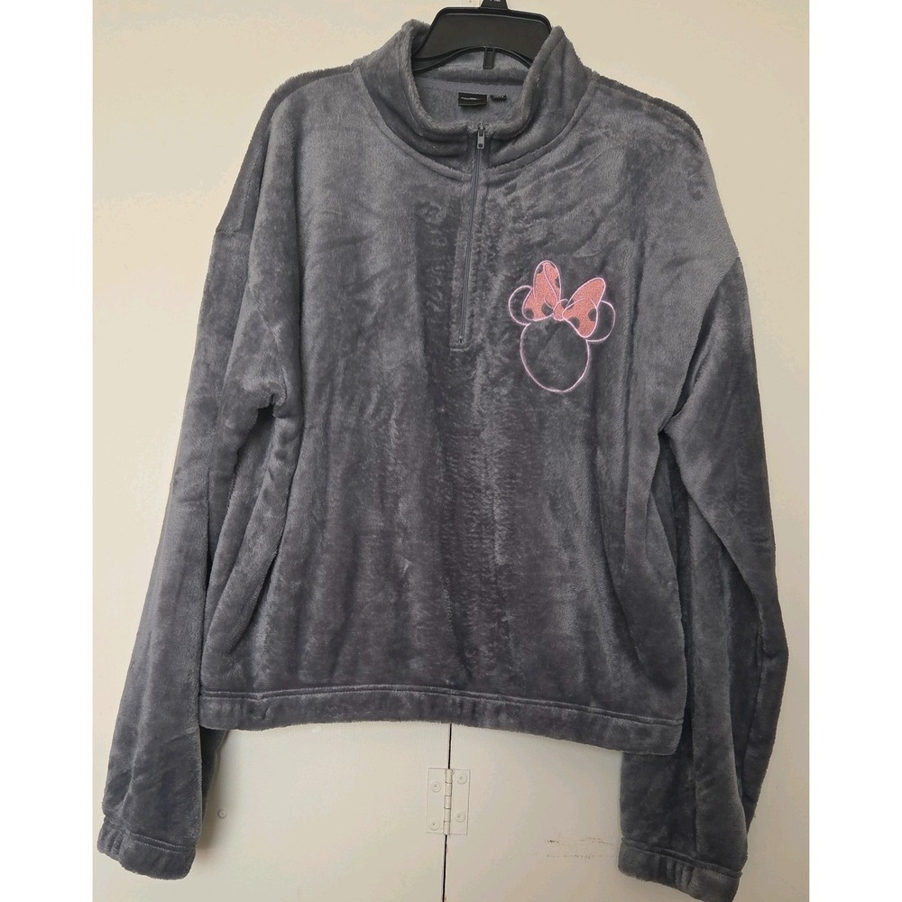 MICKEY & Friends Minnie Mouse Pullover XL Gray Plush 1/4 Zip Embroidered ~NWT~